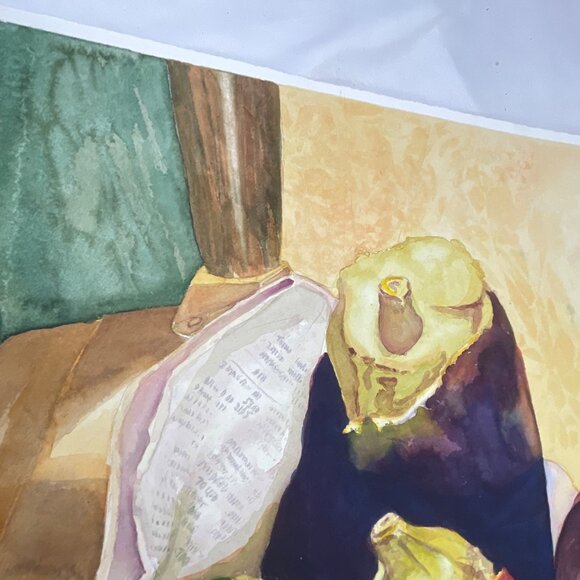 Vibrant Still Life Watercolor Painting Of Eggplants and Zucchini On Rustic Backg - Picture 8 of 9